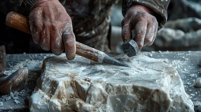 Close-up of hands sculpting stone with chisel and hammer.