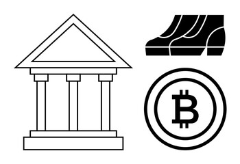 Parthenon-style building representing traditional banking, Bitcoin coin symbolizing cryptocurrency, bull and bear trend lines depicting market fluctuations. Ideal for finance, banking, investment