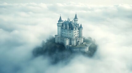Obraz premium Majestic fairytale castle with soaring towers and turrets rising up from the mist shrouded landscape creating an enchanting and mysterious atmosphere
