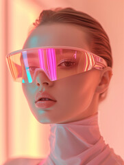 Fashion-forward model poses with vibrant sunglasses against a colorful backdrop in a modern studio setting