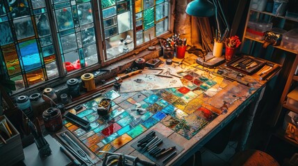 Obraz premium Artist's stained glass workshop with tools and colorful glass pieces on a workbench.