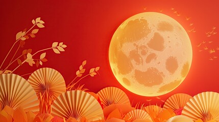 Obraz premium Cheerful Moon and Fans Prompt: A colorful graphic featuring a striking red and yellow background, with a prominent, softly shaded moon. The addition of paper fans adds a whimsical and festive element 