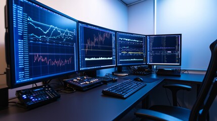 Fototapeta premium Immersive Audio Creation: Sound Engineer Producing Podcast with Vibrant Sound Graphs on Monitors in Tech-Infused Workspace