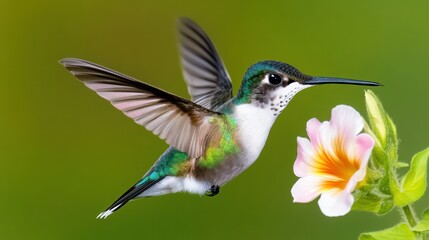 Fototapeta premium A hummingbird hovering near a vibrant flower.