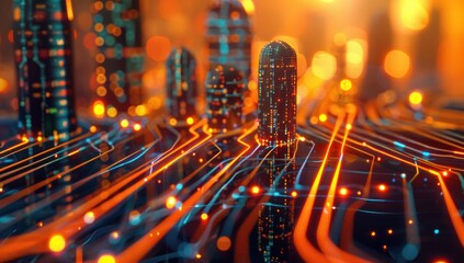 Abstract Cityscape with Neon Lights and Circuitry