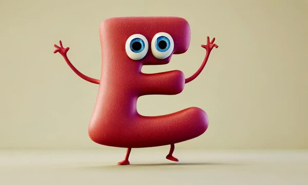 3D child animated dancing character mascot letter E on flat beige background