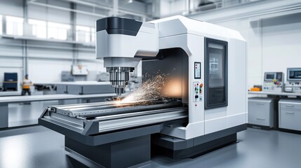 CNC machine cutting metal in a factory.