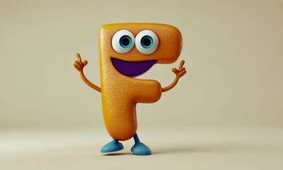 3D child animated dancing character mascot letter F on flat beige background