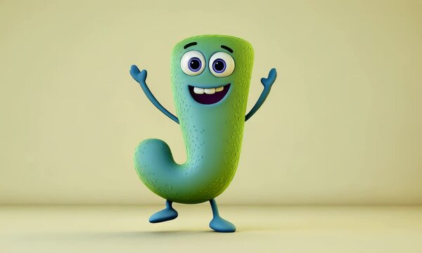 3D child animated dancing character mascot letter J on flat beige background
