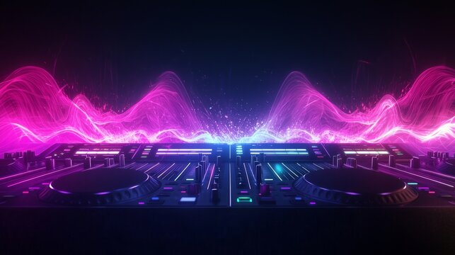 Vibrant DJ Booth with Colorful Lights and Sound Waves: Capturing the Excitement of Live Music Sound Engineering