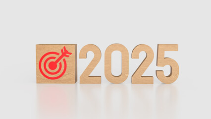 The Target icon on wood cube and 2025 Number for Business concept 3d rendering..