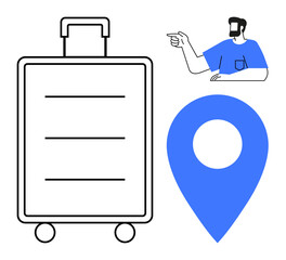 Large suitcase with handle and wheels, blue location pin, and man pointing. Ideal for travel planning, tourism, logistics, navigation, directions, trip organization relocation concepts abstract