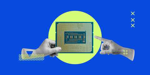 Hand points to a microchip in centre against bright background. For innovation presentation, blogs...
