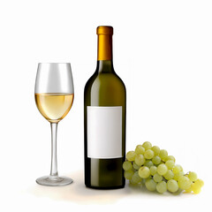 Obraz premium White wine bottle with glass and bunch of white grapes isolated on white background