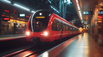 Modern red train arriving at a subterranean station at night.  Passengers are visible at the station.  Bright neon signs are present..