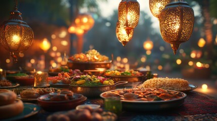 A lavish spread of Middle Eastern food, displayed on a table under warm, decorative lanterns.