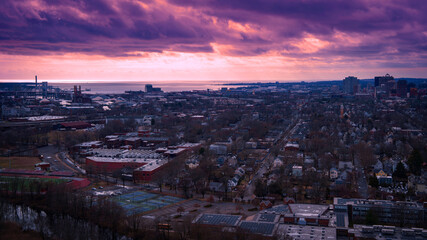 Dramatic Cloudscape of New Haven Connecticut Skyline, downtown buildings and houses viewed from...