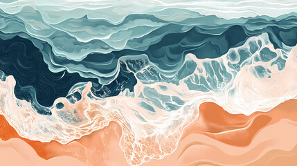 Fototapeta premium Tranquil shoreline scene with ocean waves merging into sand. Shoreline. Illustration