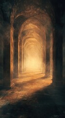 Naklejka premium Mysterious archway of an ancient ornate Gothic cathedral leading into the unknown The dimly lit cavernous passage creates a sense of intrigue and adventure