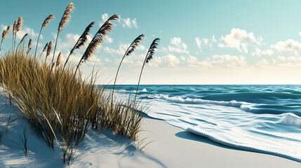 Wave-patterned coastal restoration project featuring sea oats and beach grass for erosion prevention. ai-generated wallpaper.". Shoreline. Illustration