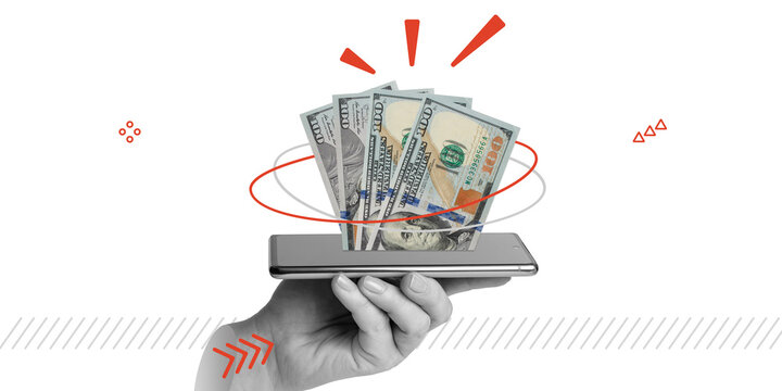 Smartphone in hand with money on the screen and abstract red elements for Finance, digital technology, online banking advertising. Concept of digital earning. Minimalistic art collage