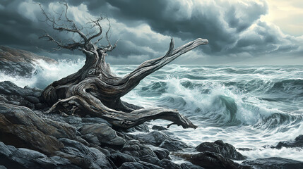 Fototapeta premium Weathered driftwood on rocky shoreline with stormy sea in background. seafoam. illustration. Shoreline. Illustration