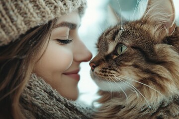 Warm moments shared between a woman and her beloved cat on a chilly winter day