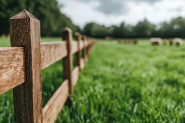 Naklejka premium Wooden fence encloses lush green pasture under a cloudy sky in a tranquil countryside setting