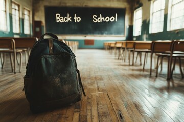 Obraz premium Nostalgic classroom ready for back to school with a vintage backpack and bright chalkboard