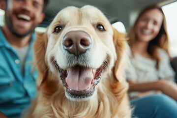 Joyful golden retriever enjoys a cheerful ride with its owners in the car on a sunny day
