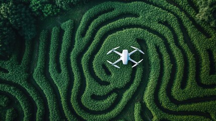 Drone above a green maze from above.