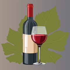 A Bottle of Wine, A Big Leaf, Glass with Red Liquid, Rich Relax, Wine in a Glass 