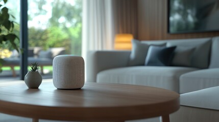 Modern Smart Speaker on Wooden Coffee Table in a Luxurious Living Room with a Garden View. generative ai