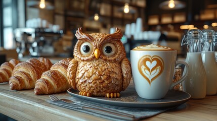 Owl figurine, latte art, croissants, cafe, breakfast