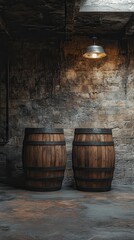 Fototapeta premium Craftsmanship Shines in Two Oak Barrels Resting on a Concrete Floor in a Dimly Lit Warehouse. Generative AI