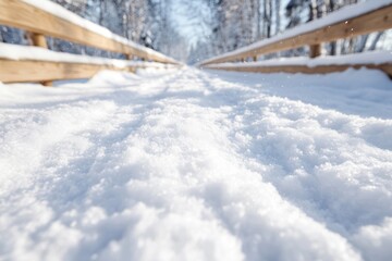 Fototapeta premium Snow-covered pathway invites exploration through a tranquil winter wonderland under a clear blue sky