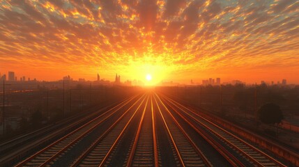 Sunrise over city train tracks. Vibrant orange and yellow sunrise illuminates city skyline beyond train tracks.