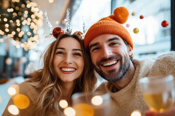 Joyful couple celebrating the holiday season in a cozy cafe with festive decorations and sparkling...