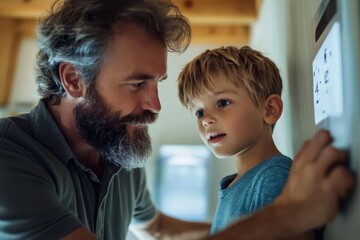 Father teaches son about technology during an afternoon at home, fostering curiosity and learning together