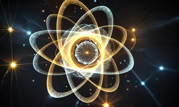 Atomic Structure: A Glowing Digital Representation of an Atom's Nucleus and Orbitals