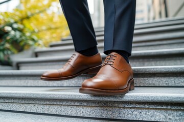 Elegant brown leather shoes in an urban staircase setting showcasing style and sophistication in a modern city environment