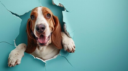 Cute, funny, and cartoonish depiction of a happy Basset hound breaking through a blue wall with a hole in the center. The image is colorful with high resolution, high quality, and high detail.
