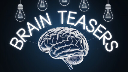 Brain Teasers Concept with Neon Text, Brain Illustration, and Hanging Light Bulbs on Dark Background
