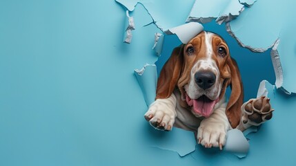 Cute, funny, and cartoonish depiction of a happy Basset hound breaking through a blue wall with a hole in the center. The image is colorful with high resolution, high quality, and high detail.