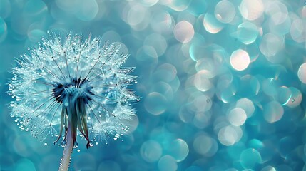 Dandelion Seeds in droplets of water on blue and turquoise beautiful background with soft focus in nature macro. Drops of dew sparkle on dandelion in rays of light