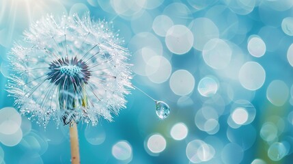 Dandelion Seeds in droplets of water on blue and turquoise beautiful background with soft focus in nature macro. Drops of dew sparkle on dandelion in rays of light