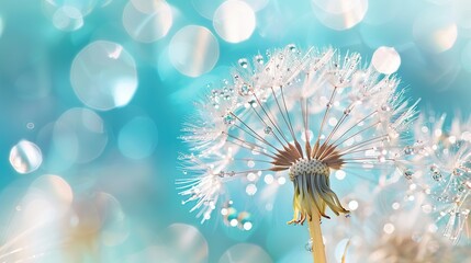 Dandelion Seeds in droplets of water on blue and turquoise beautiful background with soft focus in nature macro. Drops of dew sparkle on dandelion in rays of light
