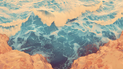 Naklejka premium Overhead shot of sandy beach and turquoise sea waves creating a serene and vibrant coastal scene. generative ai. Shoreline. Illustration