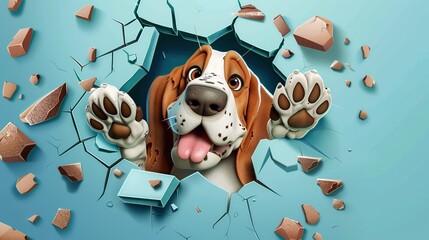 Detailed, high-resolution cartoon of a happy Basset hound breaking through a blue wall with a hole in the center. The image is colorful, funny, and cute, with a solid background color