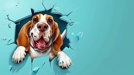 Detailed, high-resolution cartoon of a happy Basset hound breaking through a blue wall with a hole in the center. The image is colorful, funny, and cute, with a solid background color